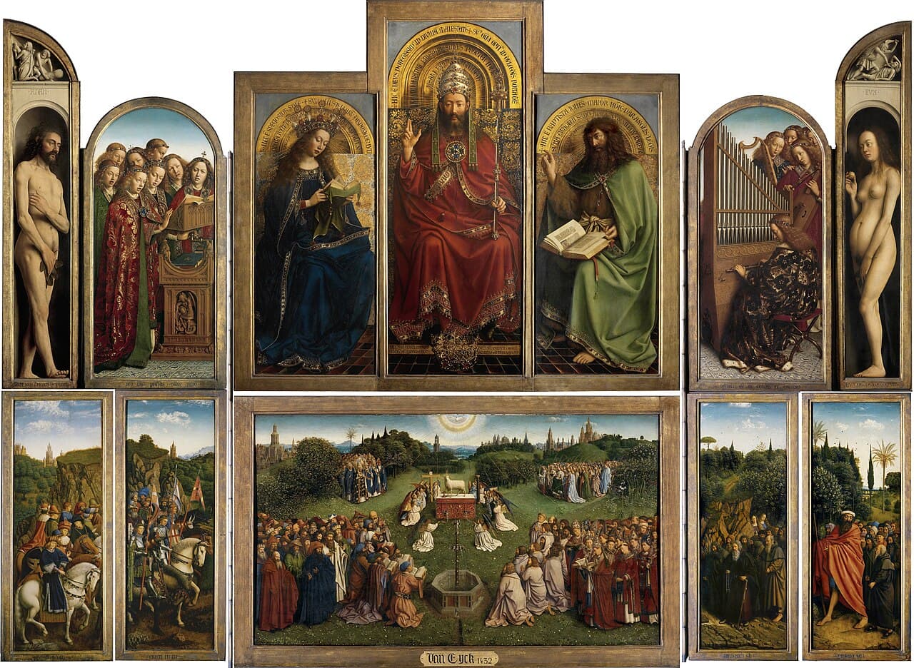 Overall view of the open Ghent Altarpiece, before restoration