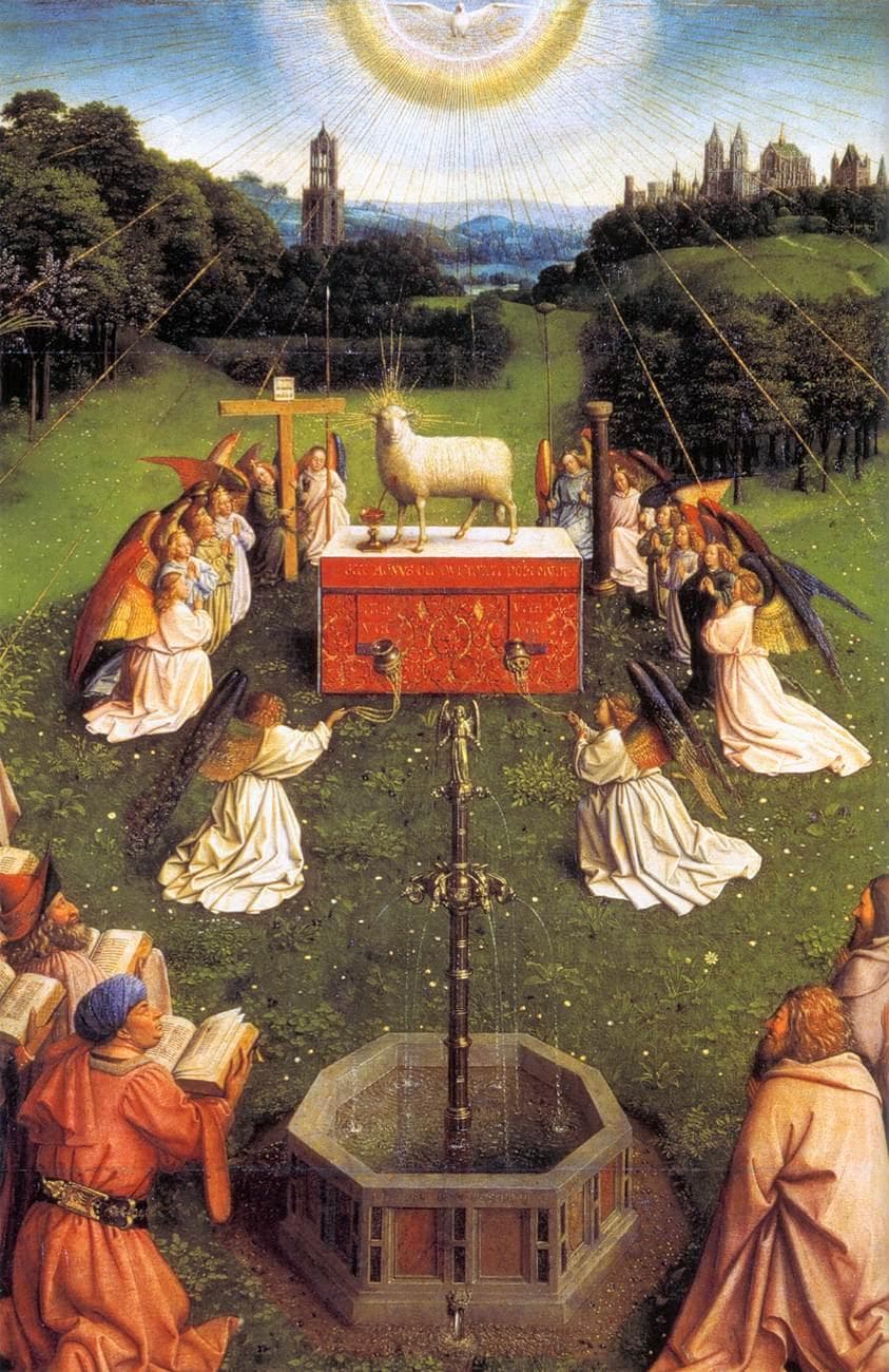 The Adoration of the Mystic Lamb, central panel of the open altarpiece