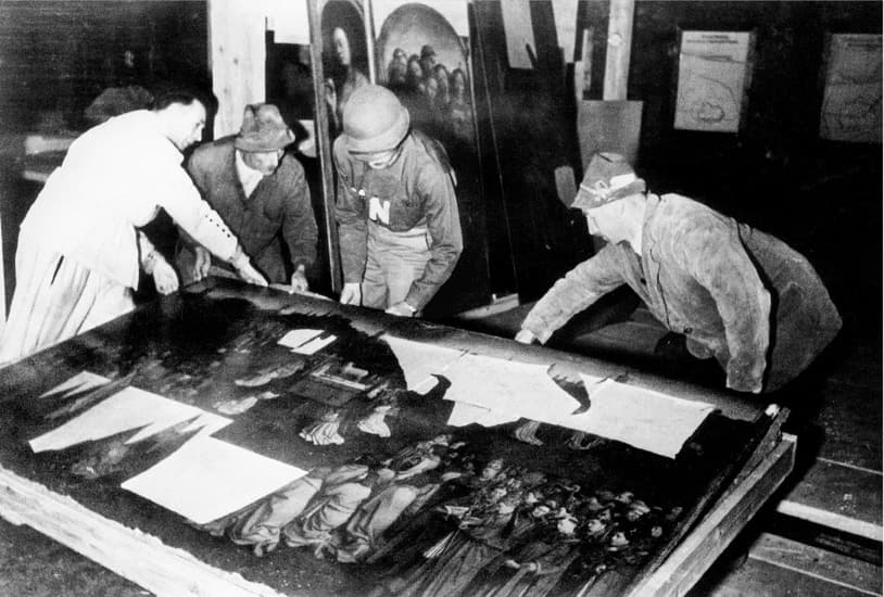 The Ghent Altarpiece during its recovery from the Altaussee salt mine in July 1945