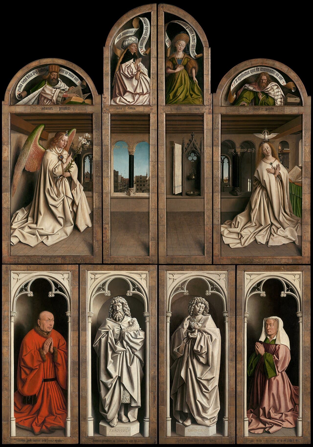 The closed Ghent Altarpiece after restoration, outer shutters with the Annunciation and the donors