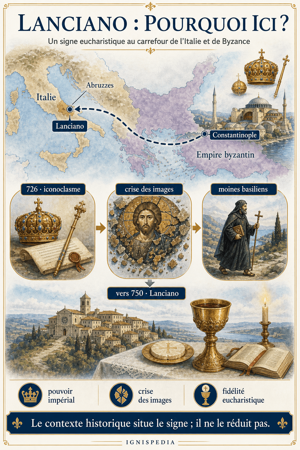 Infographie cartographique du contexte byzantin et du déplacement des moines basiliens vers Lanciano