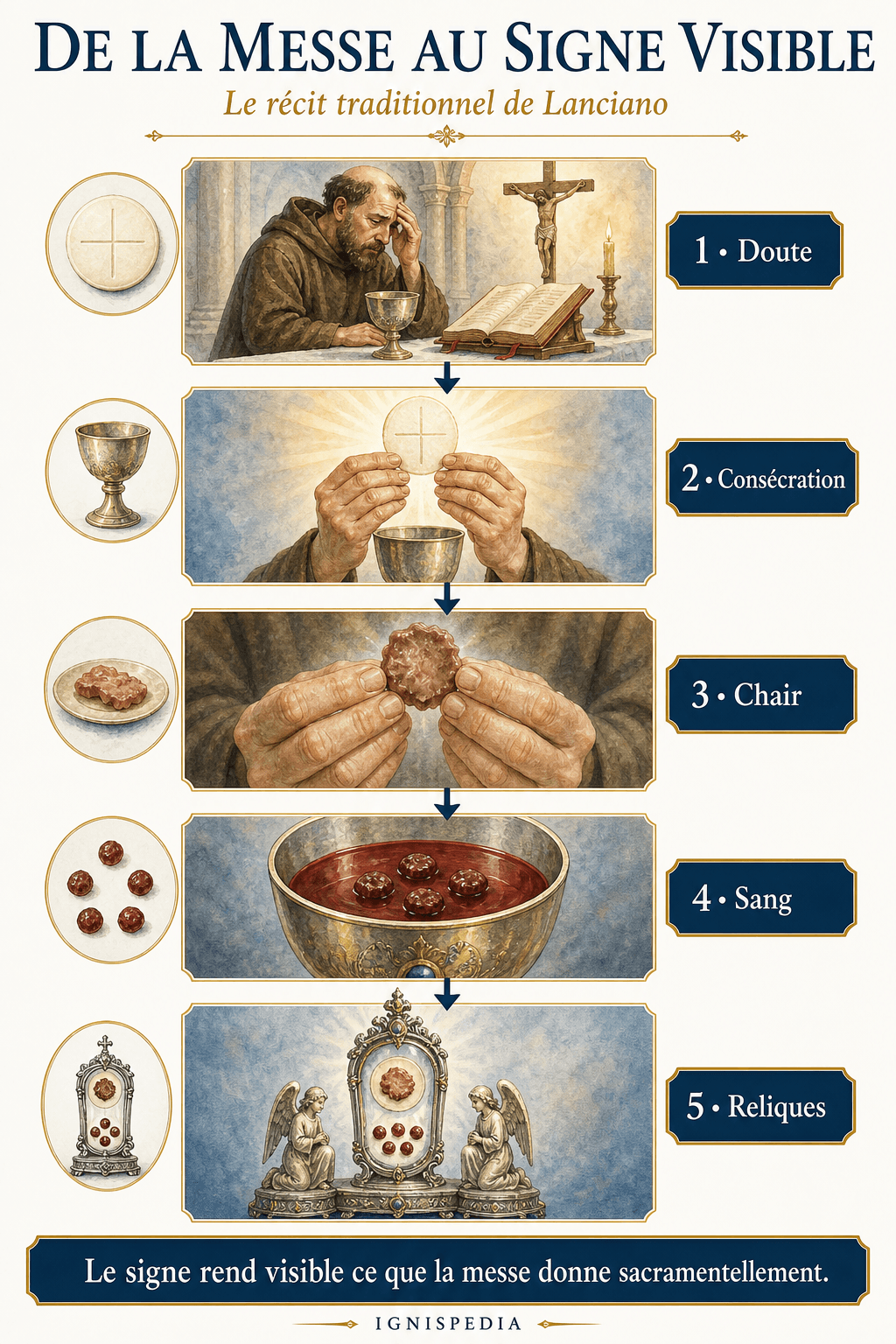 Infographie narrative du miracle de Lanciano : doute, consécration, chair, sang et reliques