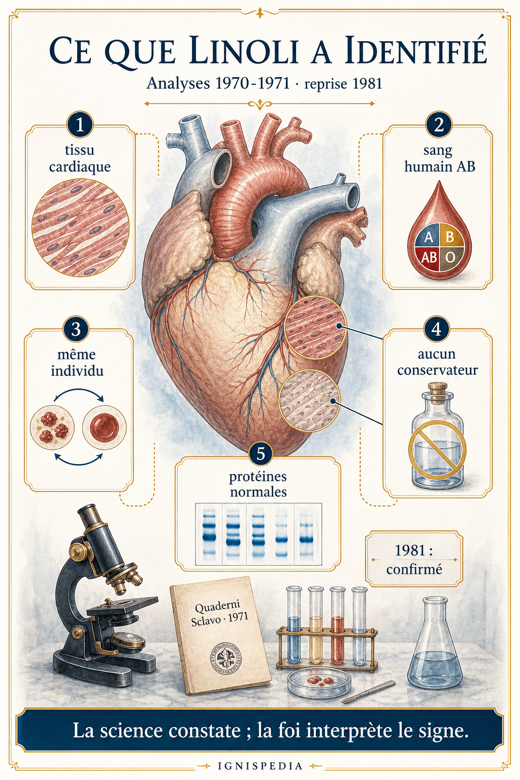 Infographie scientifique des conclusions Linoli sur le tissu cardiaque, le sang AB et l'absence de conservateurs