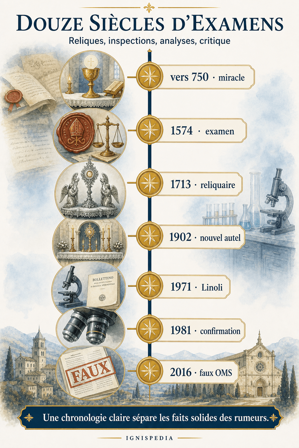 Infographie chronologique des examens et événements clés du miracle eucharistique de Lanciano