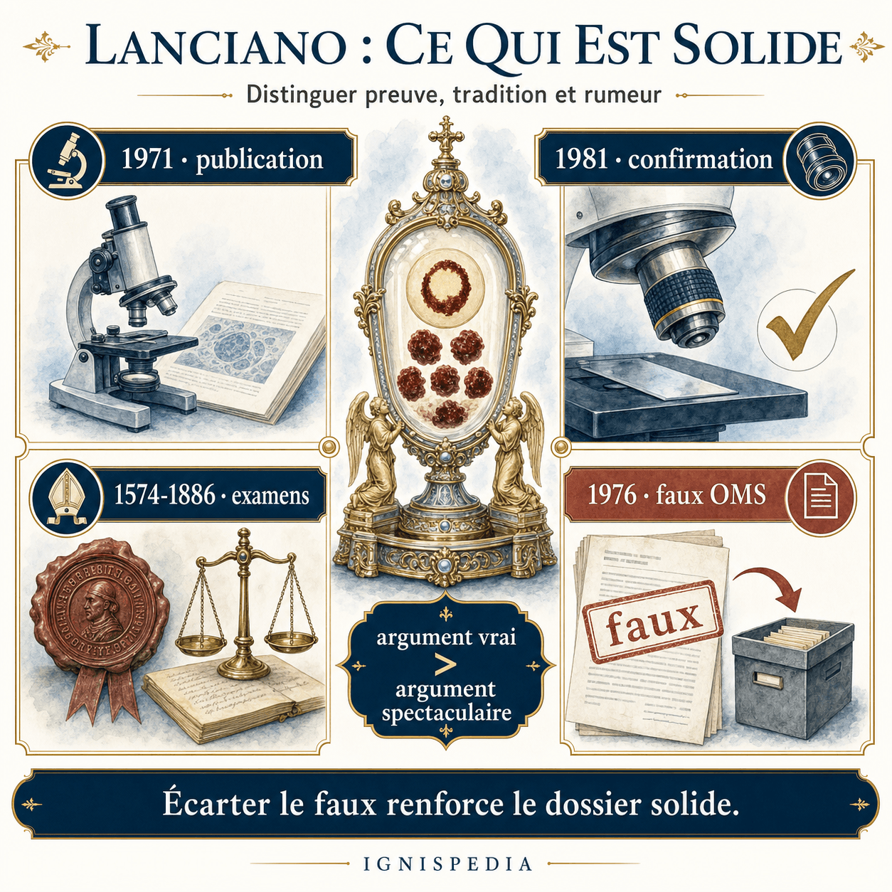 Infographie critique distinguant les preuves solides de Lanciano du faux rapport OMS