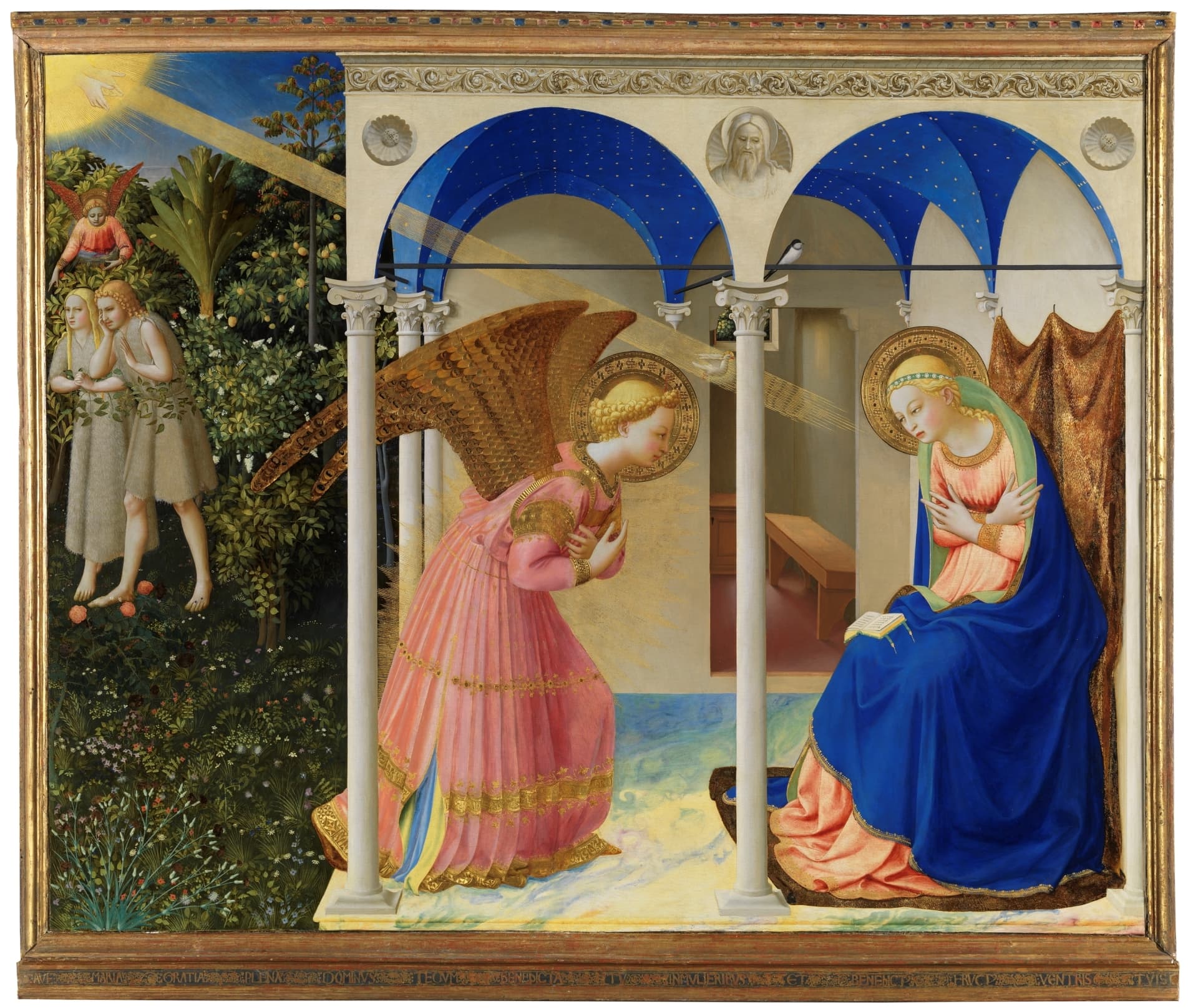 Die Haupttafel der Verkündigung des Prado: Adam und Eva links, Gabriel und Maria unter dem Säulengang.