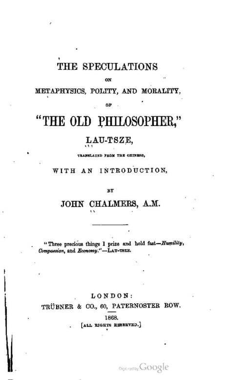 Strona tytułowa angielskiego przekładu Daodejing autorstwa Johna Chalmersa, 1868