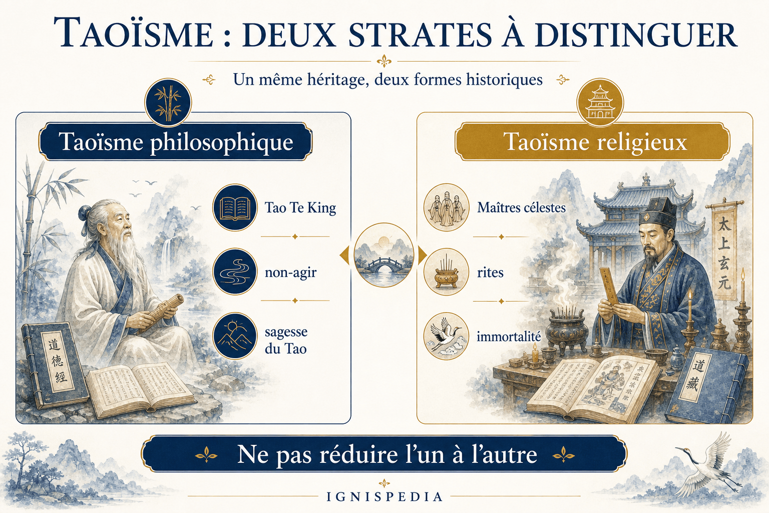 Infografika Ignispedia porównująca taoizm filozoficzny i taoizm religijny