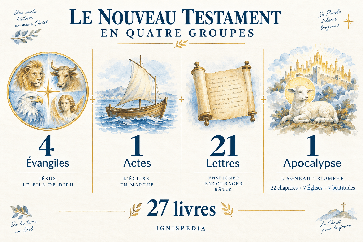 Les quatre groupes des 27 livres du Nouveau Testament, l'Apocalypse à leur terme
