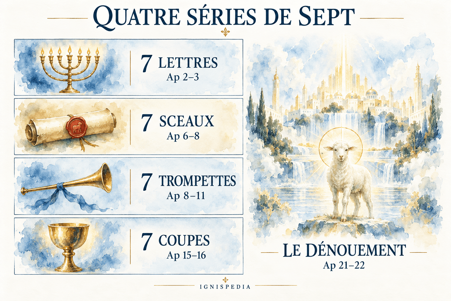 Quatre séries de sept lettres, sceaux, trompettes et coupes menant au dénouement