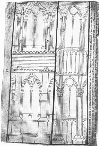 Zeichnung der Innen- und Außenelevation von Reims von Villard de Honnecourt