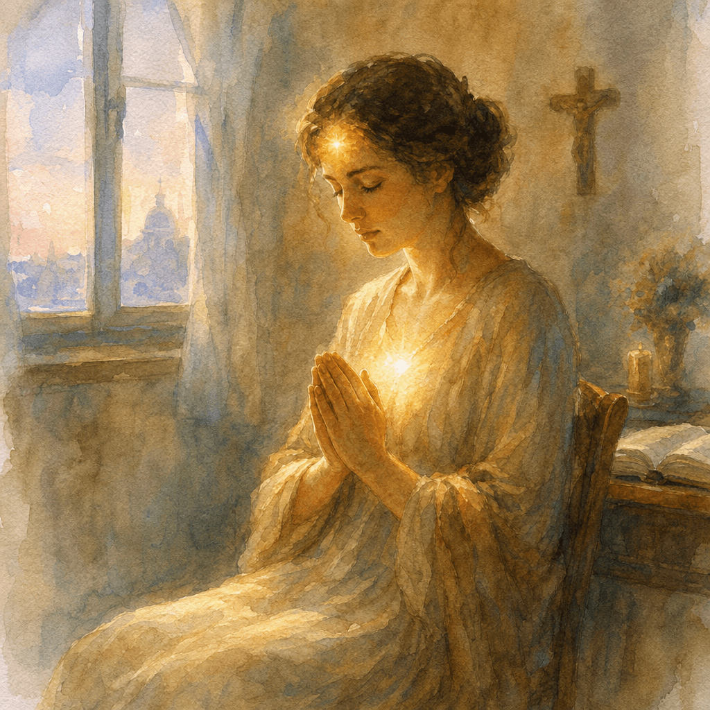 Personne en prière, lumière intérieure au niveau du cœur et du front, symbolisant l'âme spirituelle.