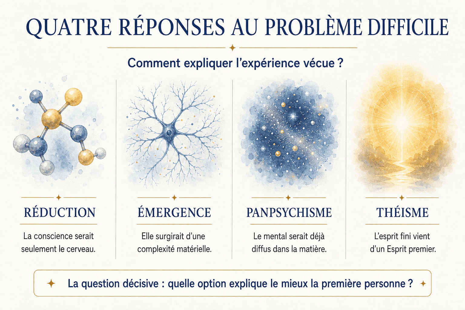 Infographie comparant réduction, émergence, panpsychisme et théisme face au problème difficile de la conscience