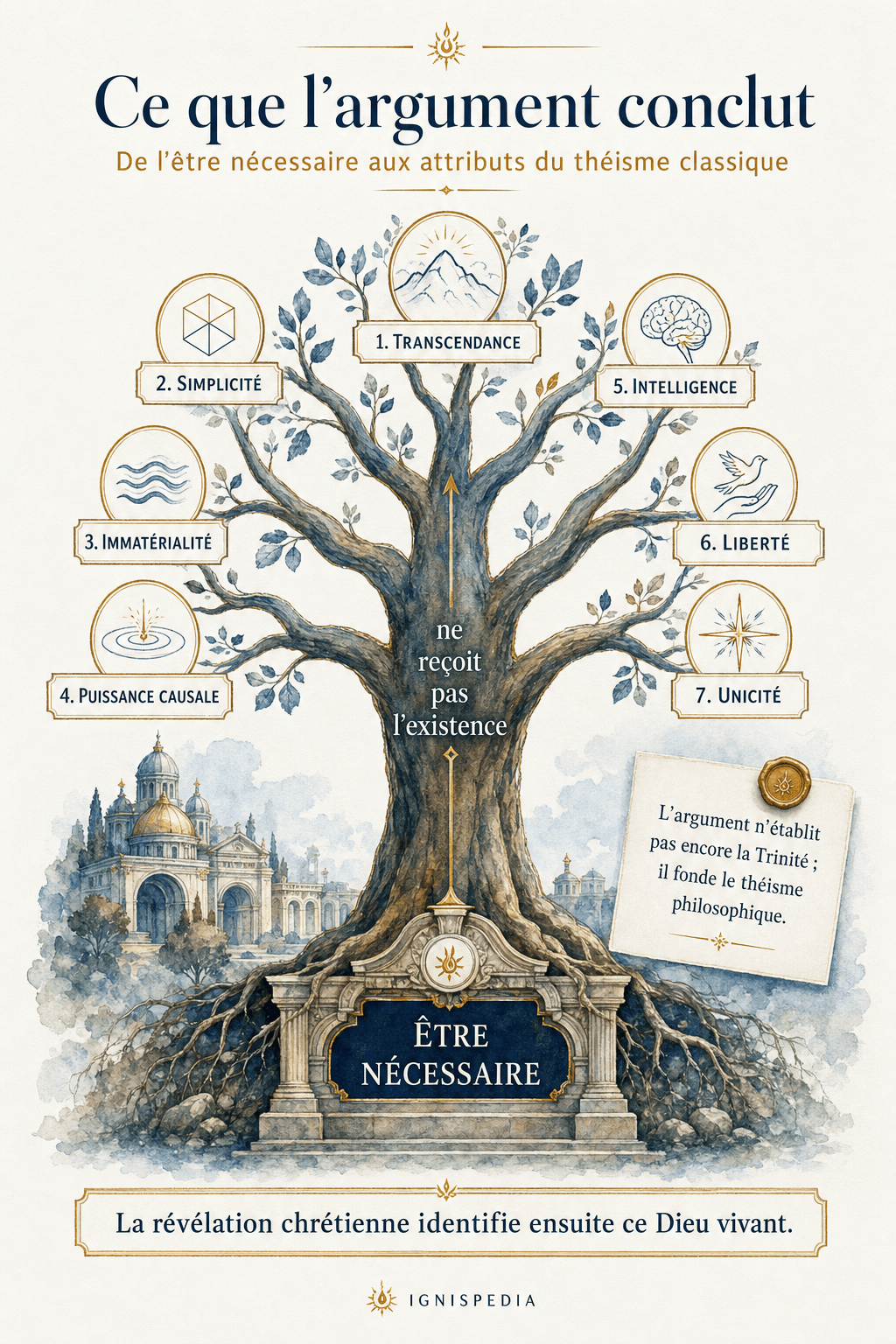 Infographie en arbre métaphysique montrant les attributs philosophiques de l'être nécessaire : transcendance, simplicité, immatérialité, puissance causale, intelligence, liberté et unicité