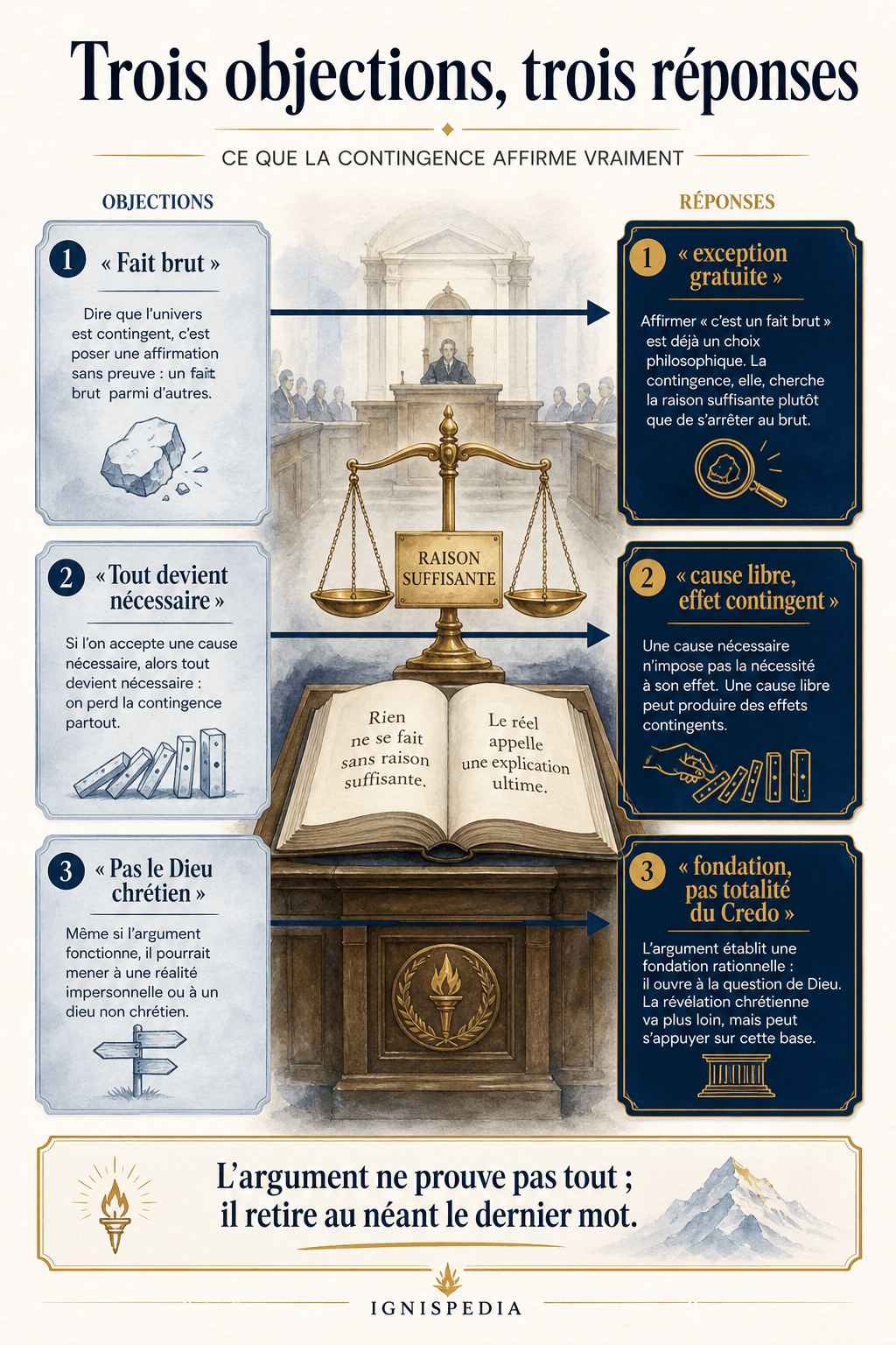 Infographie apologétique présentant trois objections à l'argument de la contingence et trois réponses : fait brut, nécessité de l'effet et portée limitée de l'argument