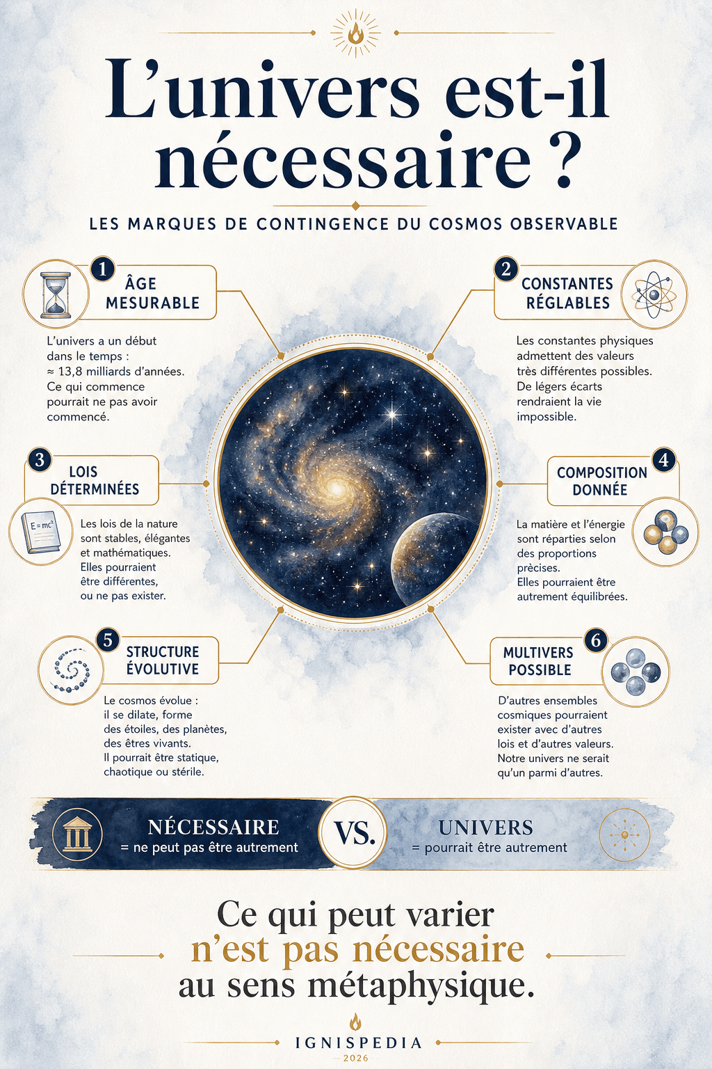 Infographie diagnostiquant six marques de contingence de l'univers observable : âge estimé (modèle standard), constantes réglables, lois déterminées, composition, structure évolutive et multivers possible