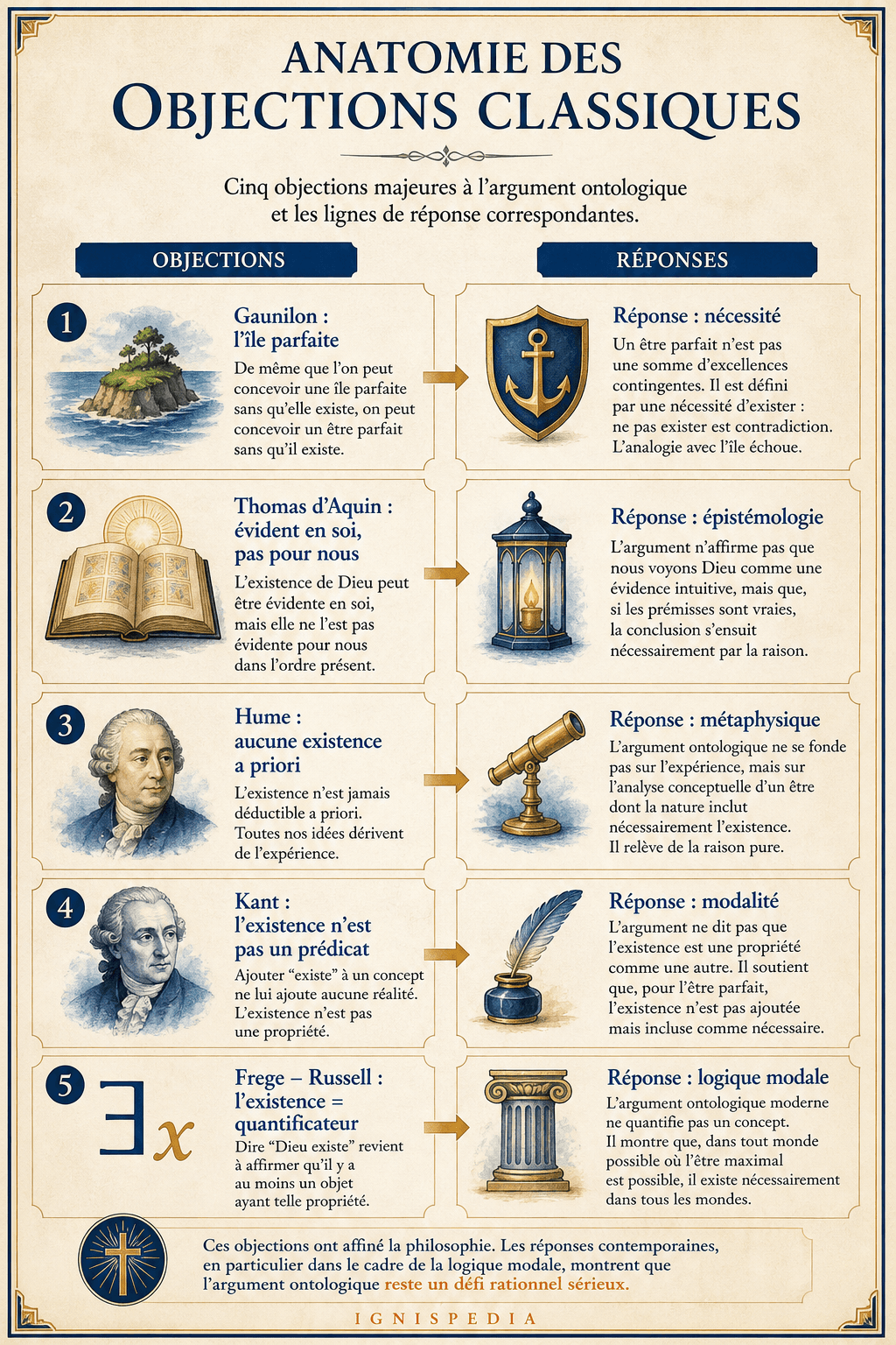 Infographie Ignispedia résumant les objections classiques de Gaunilon, Thomas d'Aquin, Hume, Kant, Frege et Russell
