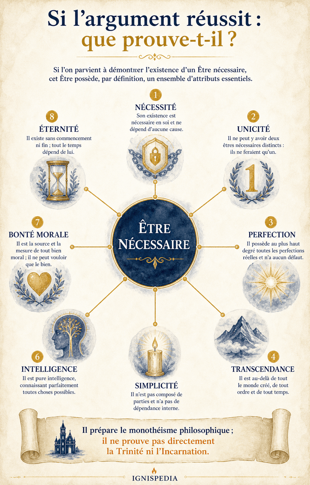 Infographie Ignispedia présentant les attributs déduits si l'argument ontologique réussit