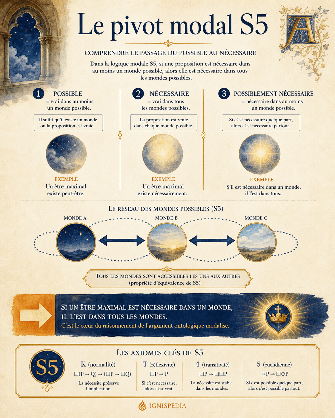 Infographie Ignispedia expliquant le principe modal S5 : possiblement nécessaire implique nécessaire