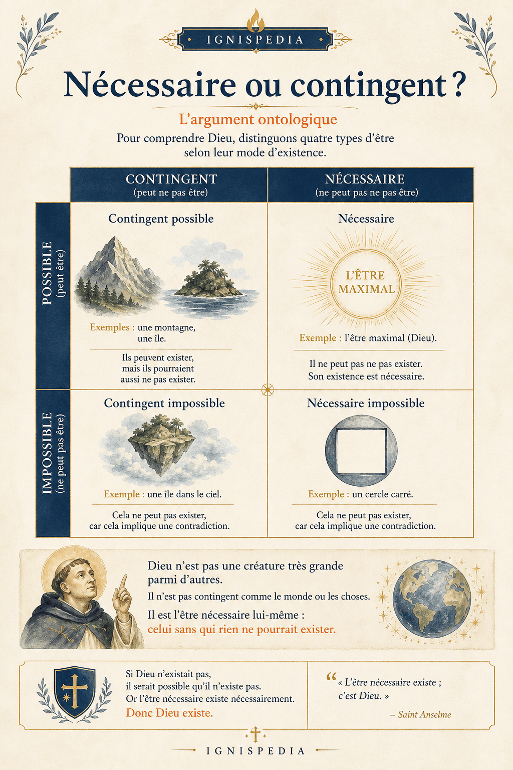 Infographie Ignispedia distinguant le nécessaire, le contingent, le possible et l'impossible dans l'argument ontologique