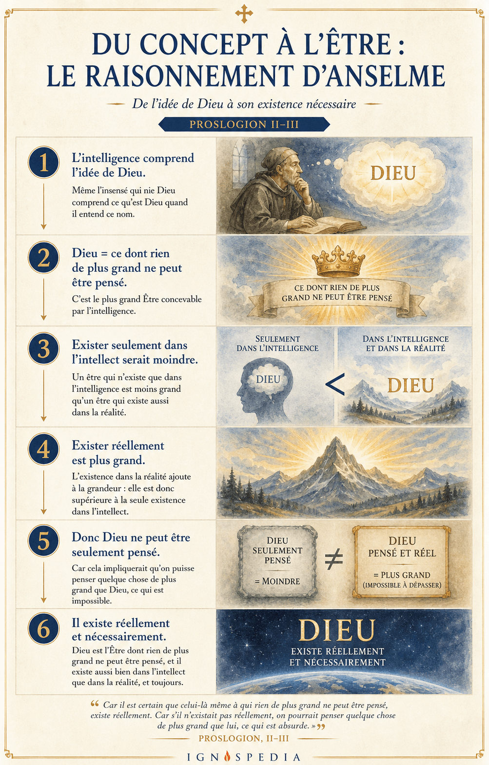 Infographie Ignispedia expliquant les étapes principales du raisonnement de saint Anselme dans le Proslogion II et III