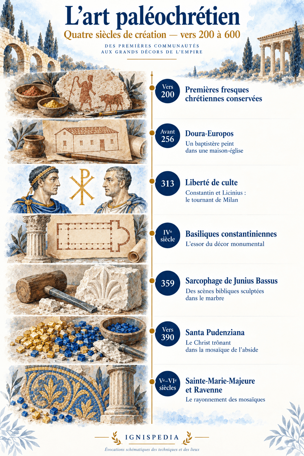 Zeitleiste der wichtigsten Stationen der frühchristlichen Kunst, von 200 bis 600