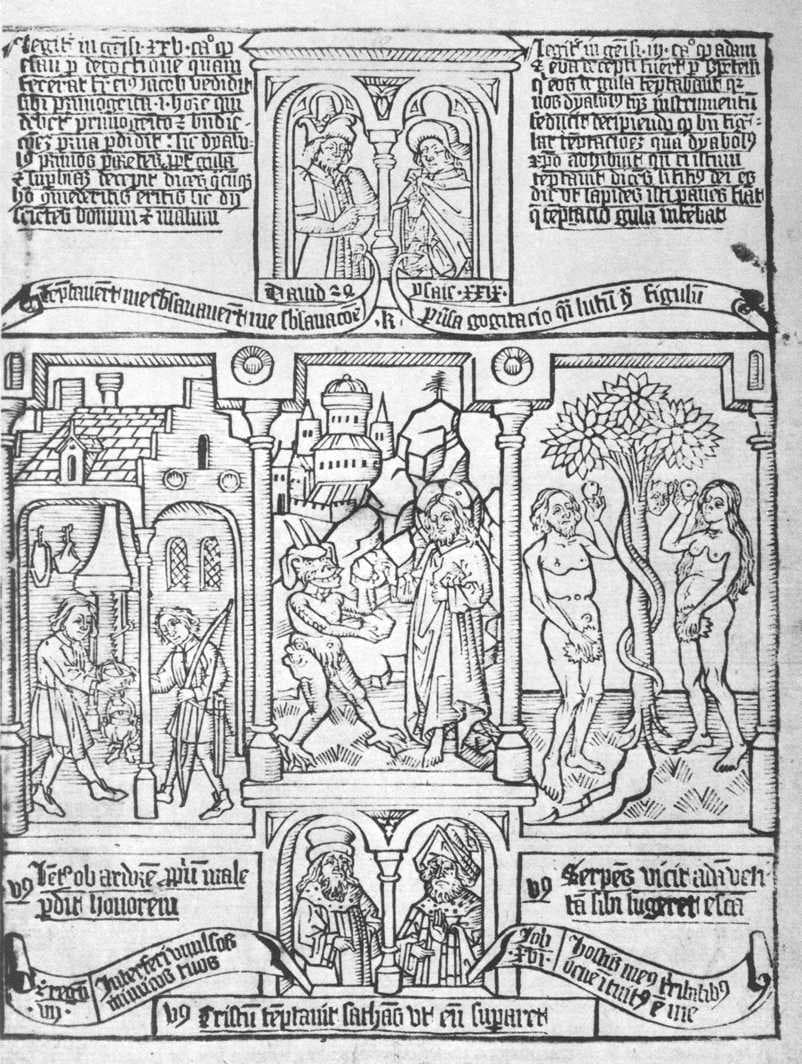 Страница Библии бедных, немецкая ксилографическая книга около 1470 года, с грехопадением Адама и Евы