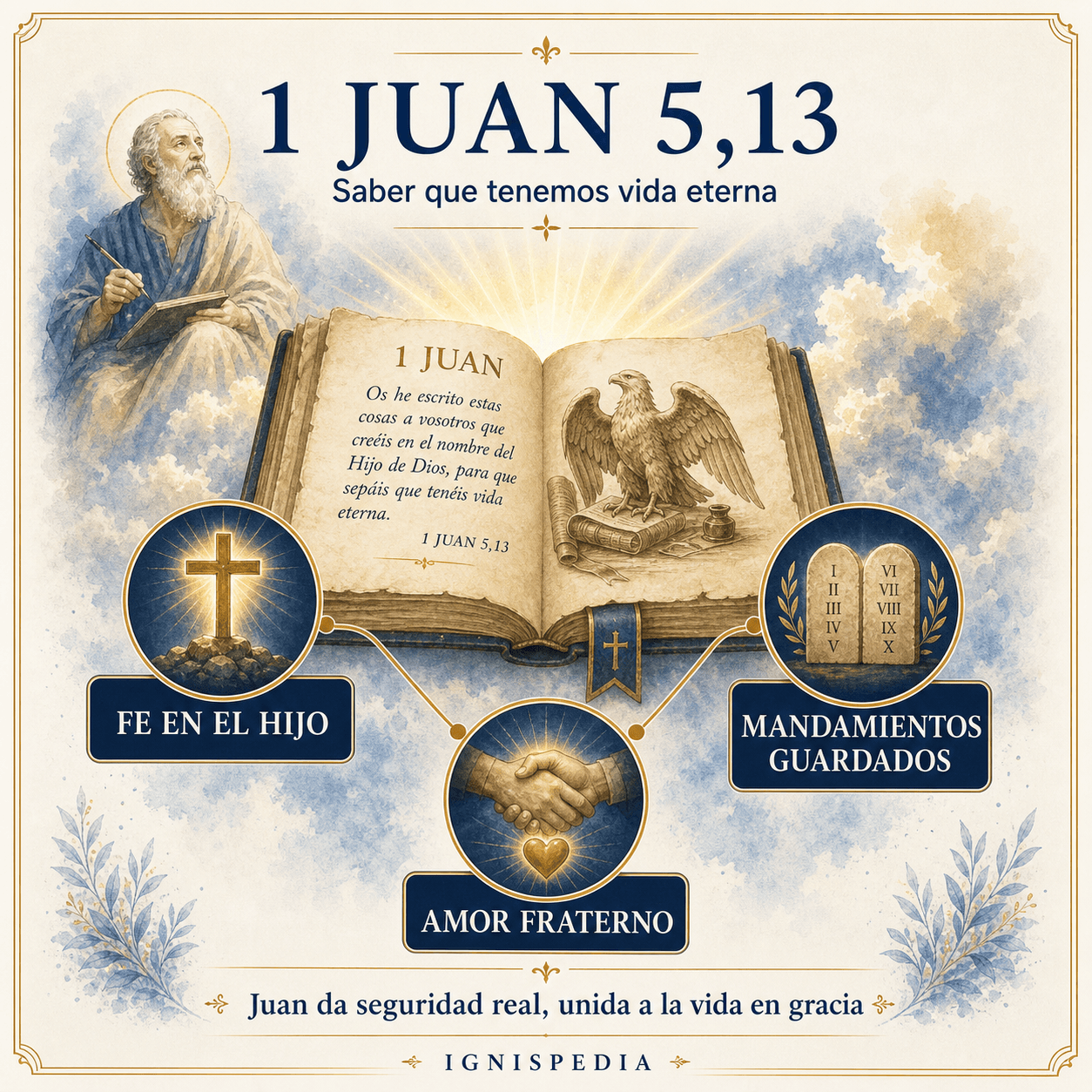 Infografía que explica 1 Juan 5,13 con los signos joánicos de fe, mandamientos guardados y caridad fraterna