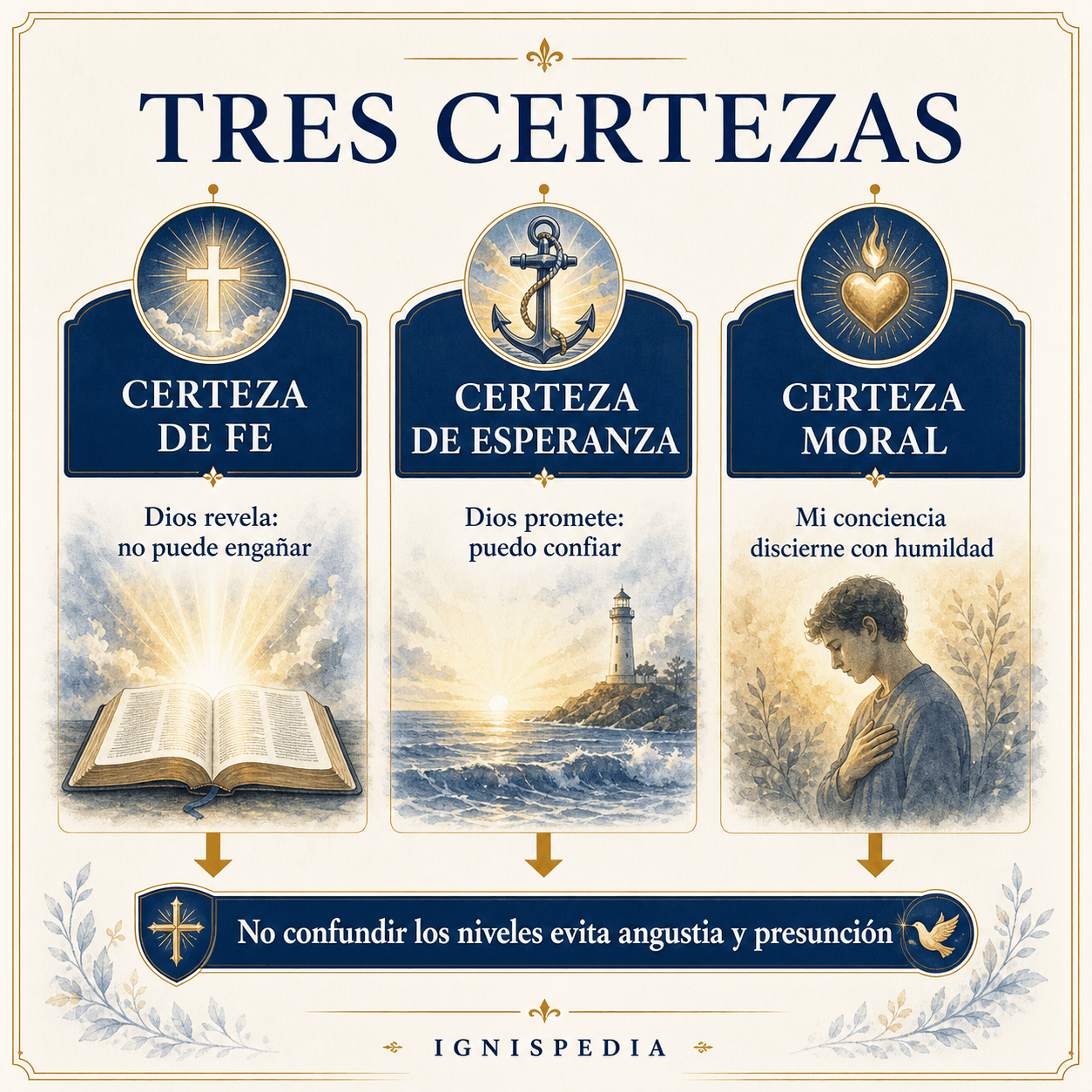 Infografía que distingue la certeza de la fe, la certeza de la esperanza y la certeza moral del estado de gracia
