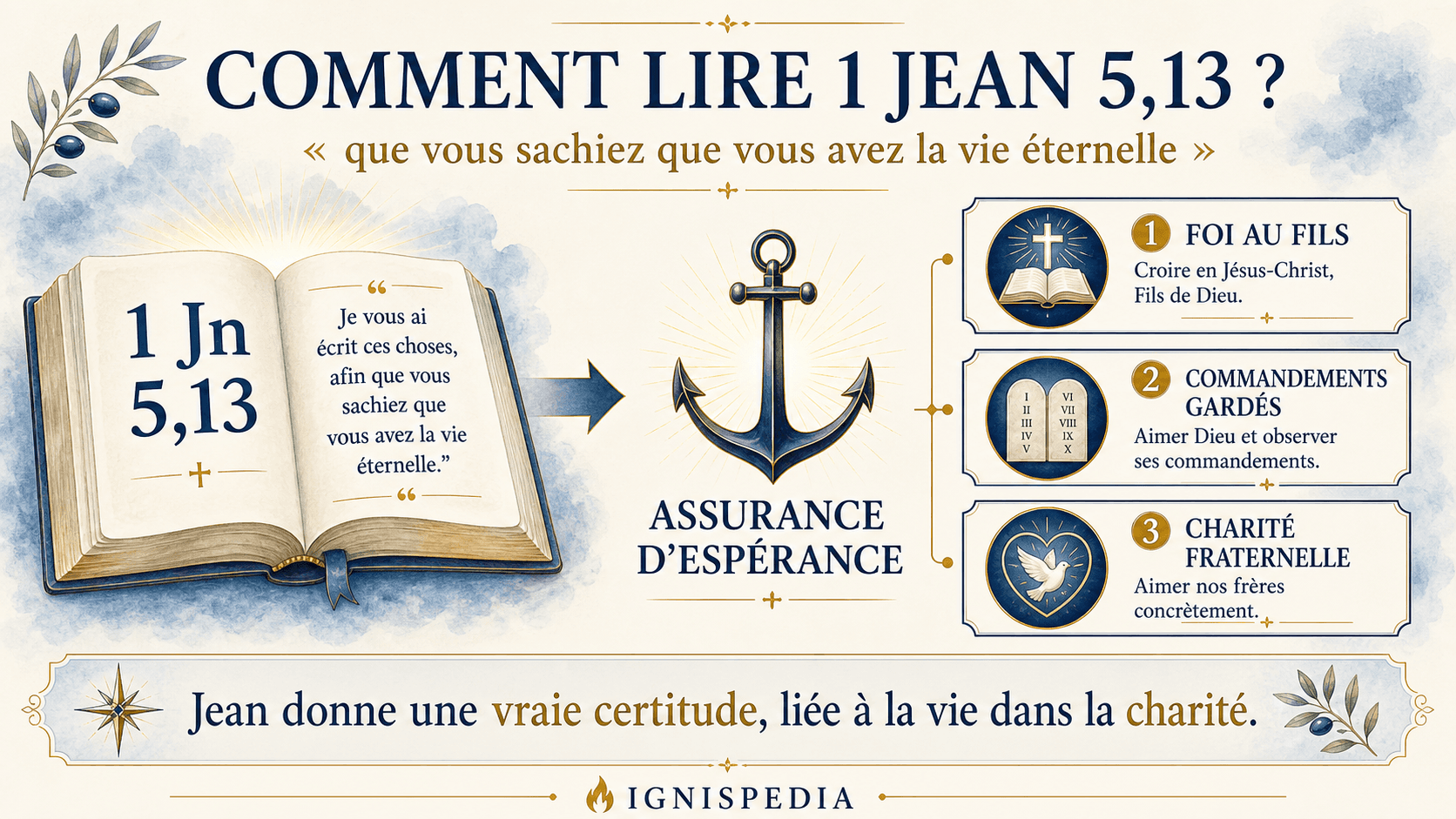 Infographie expliquant 1 Jean 5,13 avec les signes johanniques de foi, commandements gardés et charité fraternelle