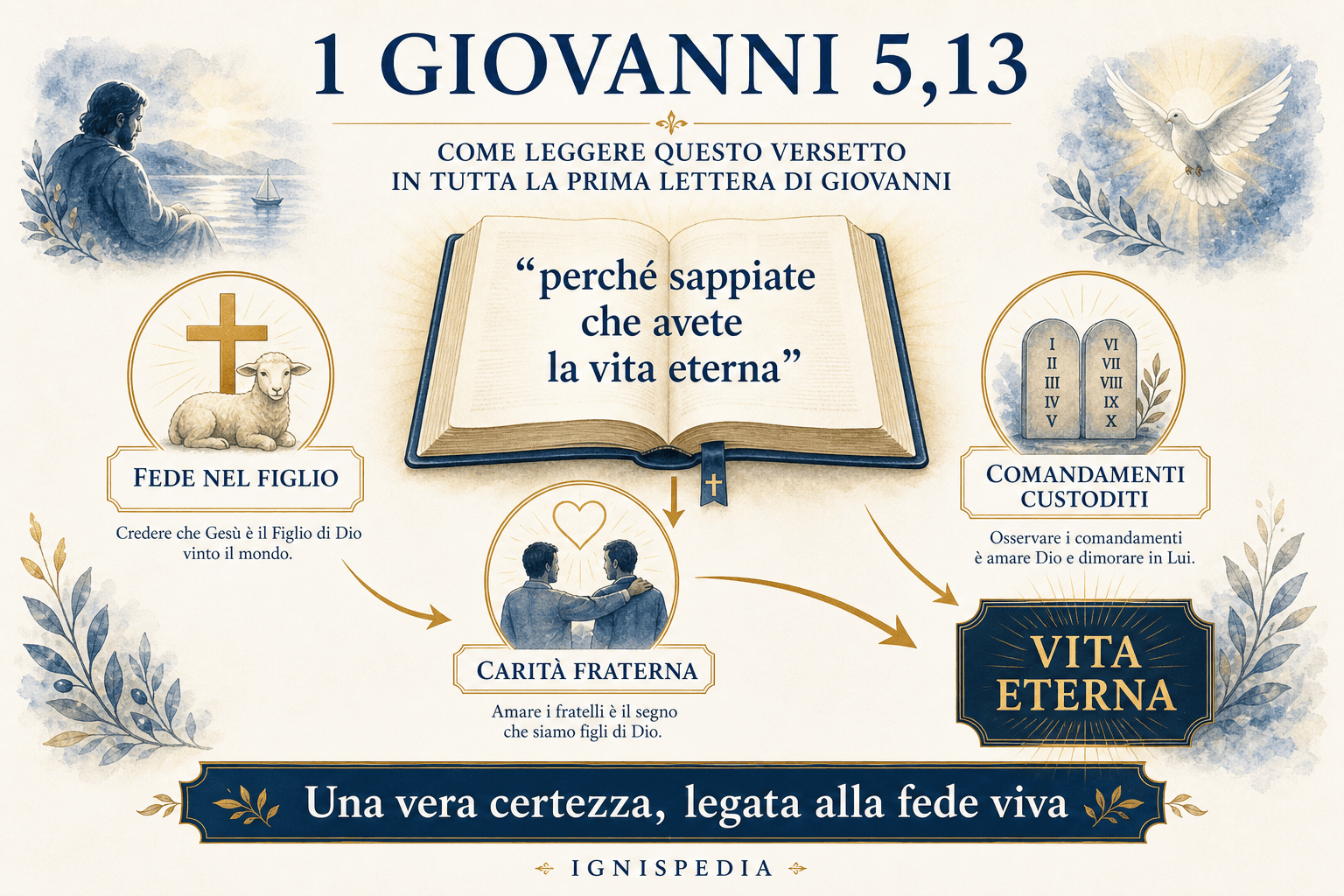 Infografica che spiega 1 Giovanni 5,13 con i segni giovannei di fede, comandamenti osservati e carità fraterna