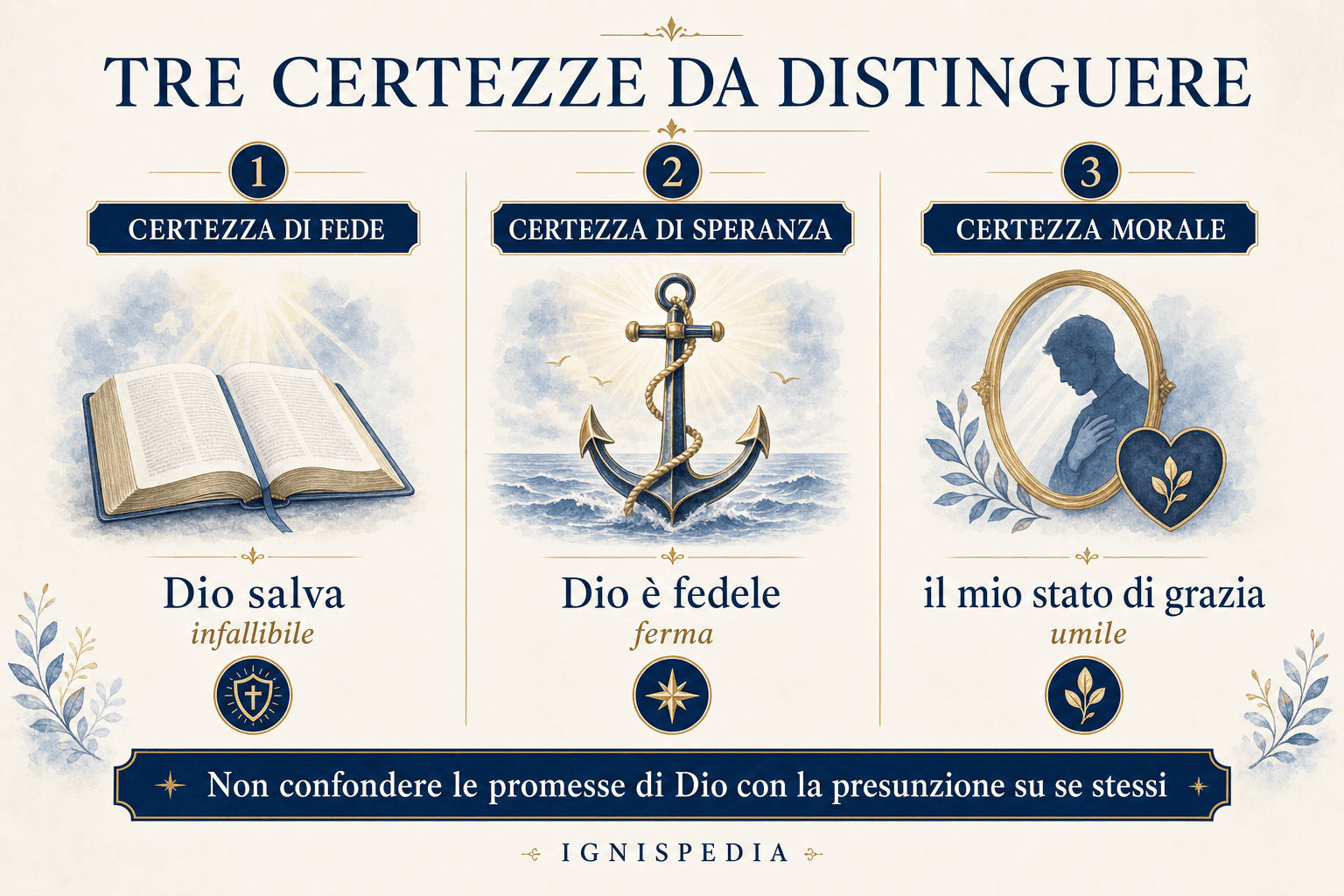 Infografica che distingue la certezza della fede, la certezza della speranza e la certezza morale dello stato di grazia