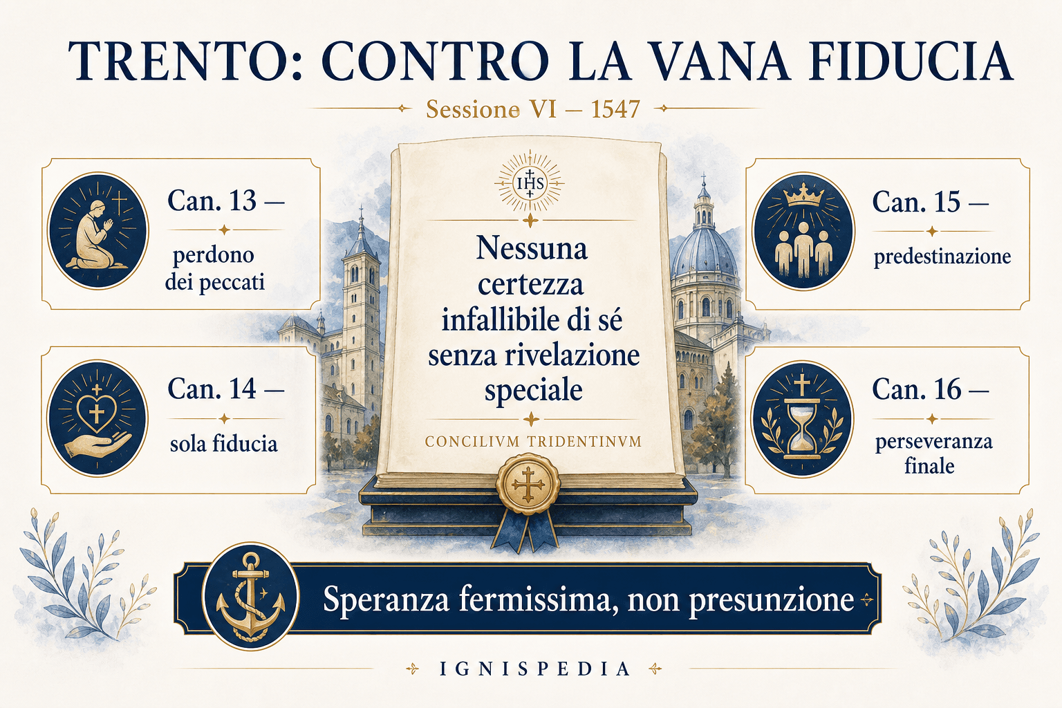 Infografica che riassume i canoni 13-16 del Concilio di Trento sulla vana fiducia