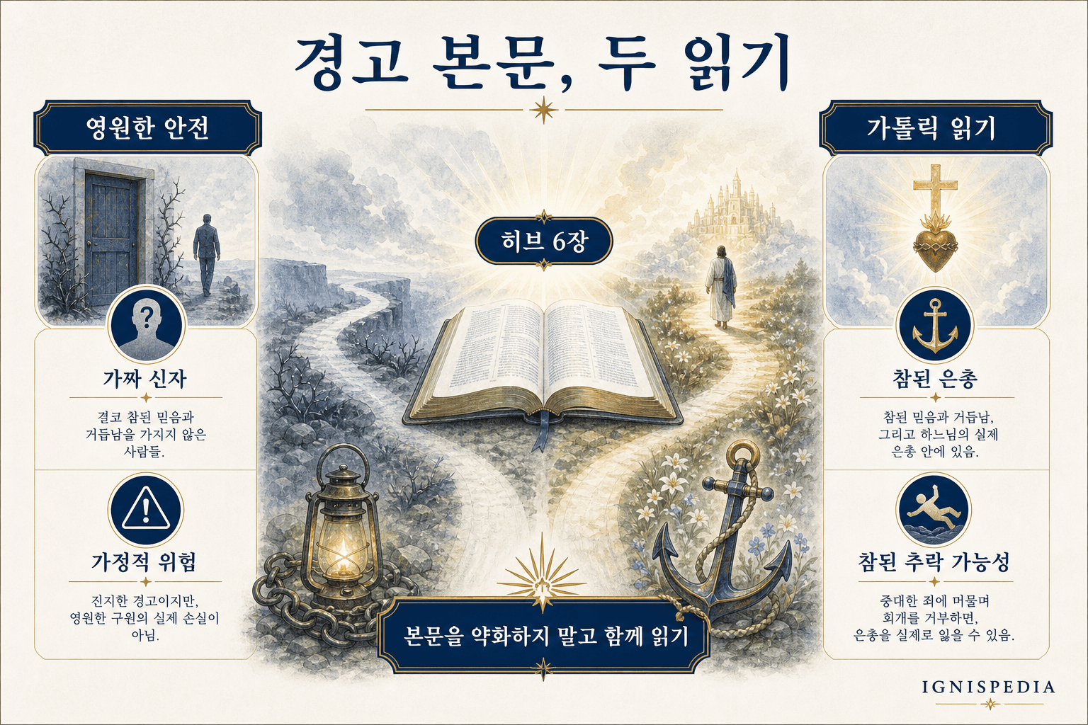 영원한 안전에 대한 해석과 가톨릭적 성경 경고 해석을 비교한 인포그래픽