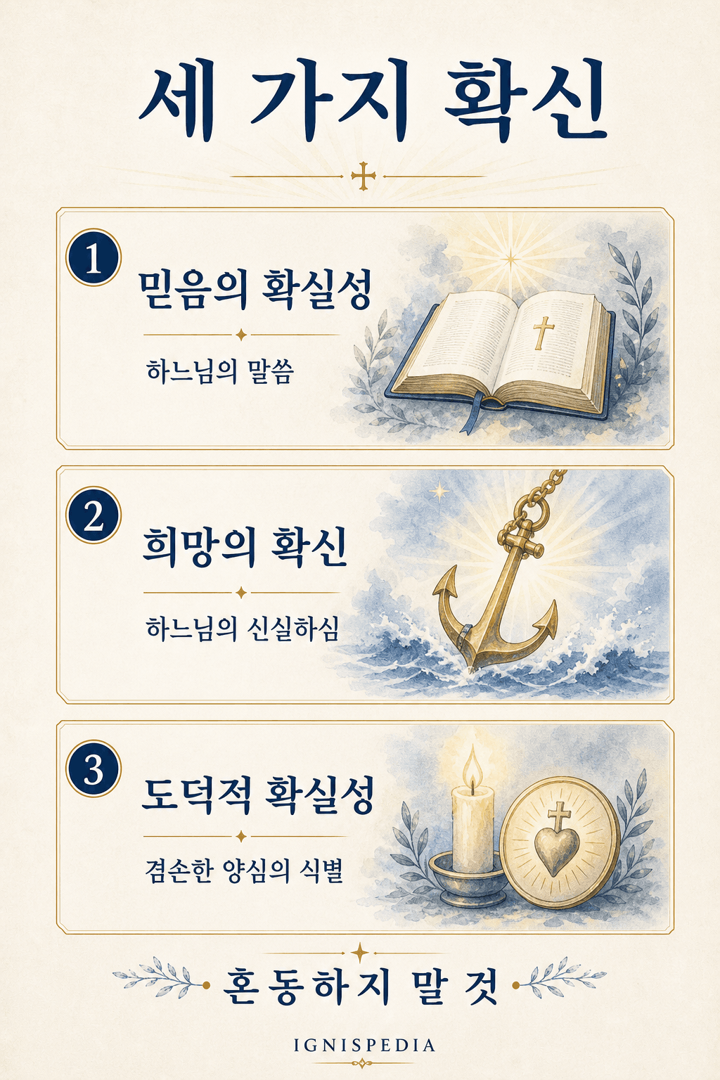 믿음의 확실성, 희망의 확실성, 은총 상태에 대한 도덕적 확실성을 구분하는 인포그래픽