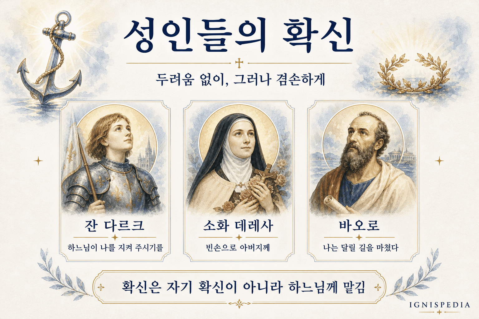 주제넘음 없는 신뢰의 증인으로서 잔 다르크, 리지외의 테레사, 성 바오로을 보여주는 인포그래픽
