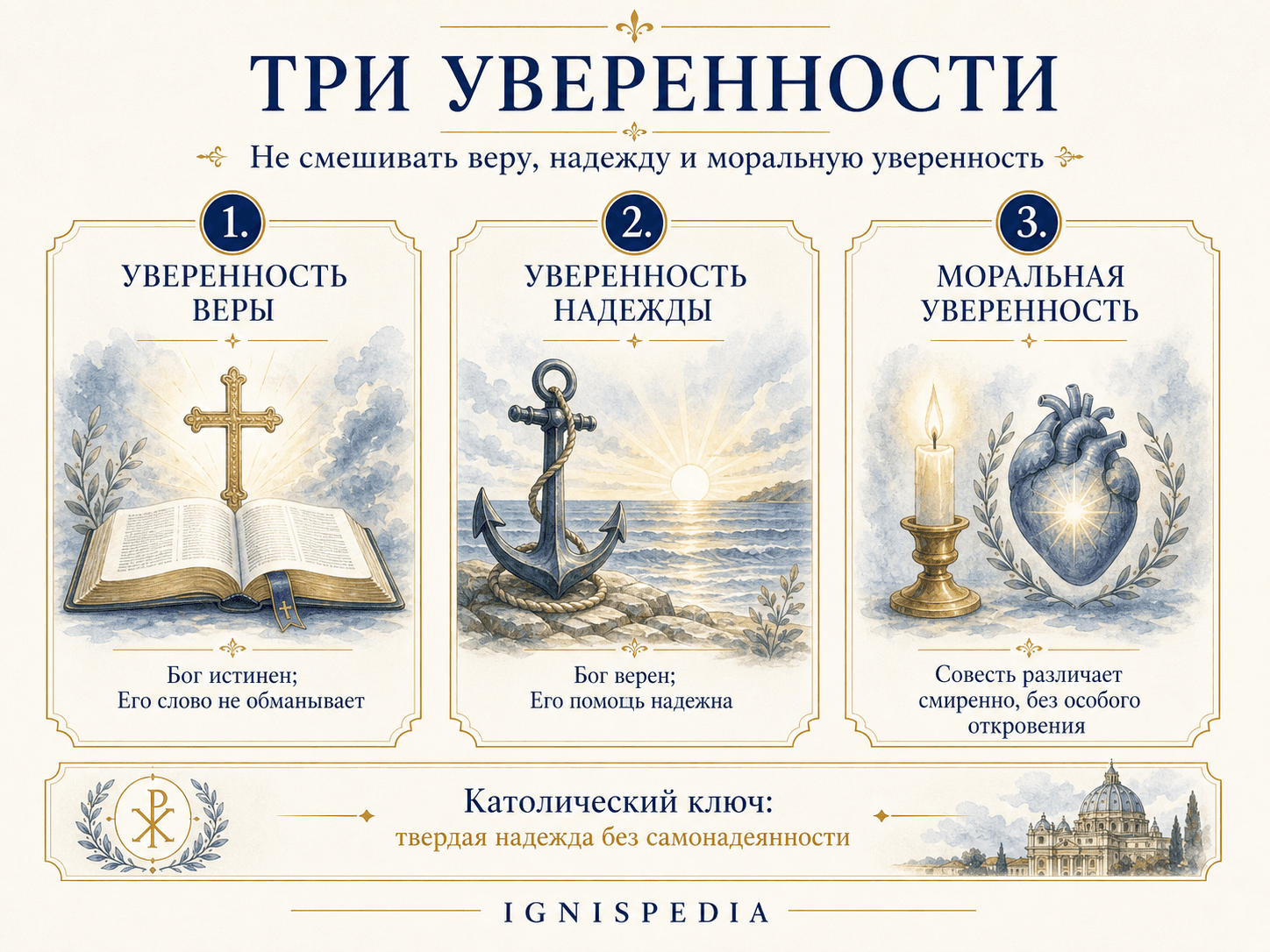 Инфографика, различающая уверенность веры, уверенность надежды и моральную уверенность в состоянии благодати