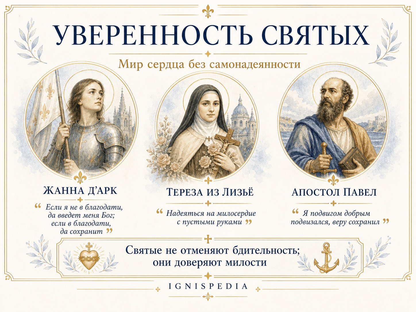 Инфографика об уверенности святых: Жанна д’Арк, Тереза из Лизьё и святой Павел