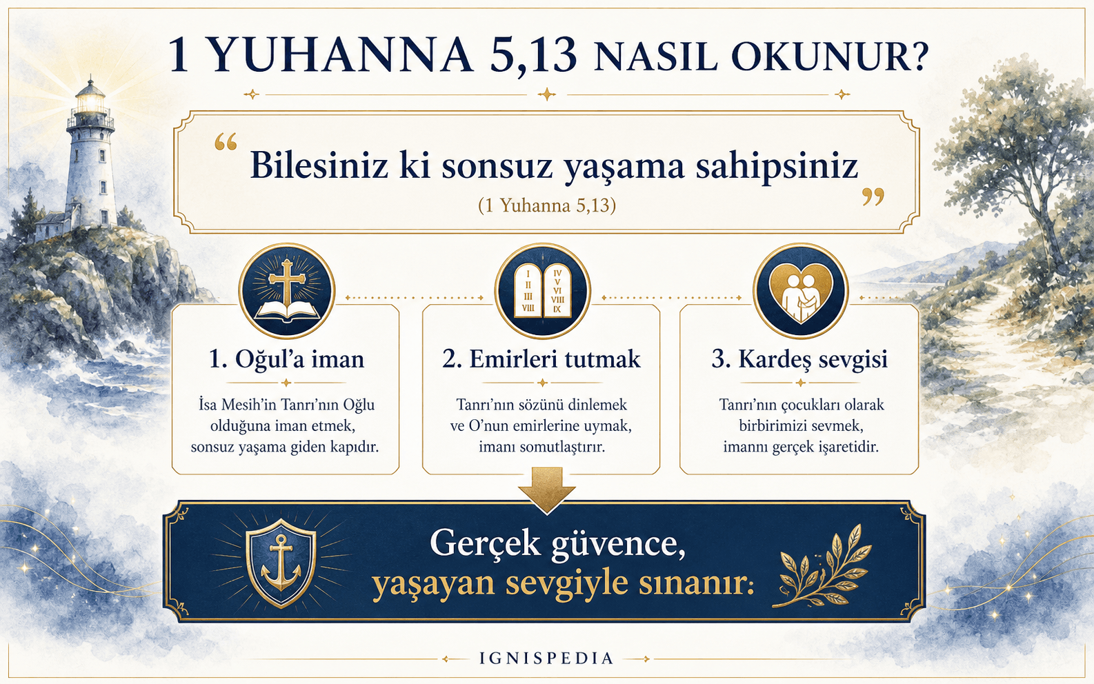 1 Yuhanna 5,13'ü iman, emirleri tutma ve kardeş sevgisi işaretleriyle açıklayan infografik