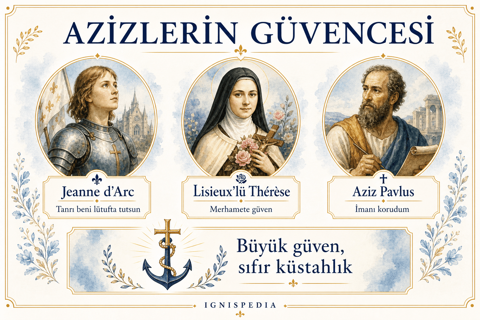 Jeanne d'Arc, Lisieux'lü Thérèse ve Aziz Pavlus'u küstahlıksız güven tanıkları olarak gösteren infografik