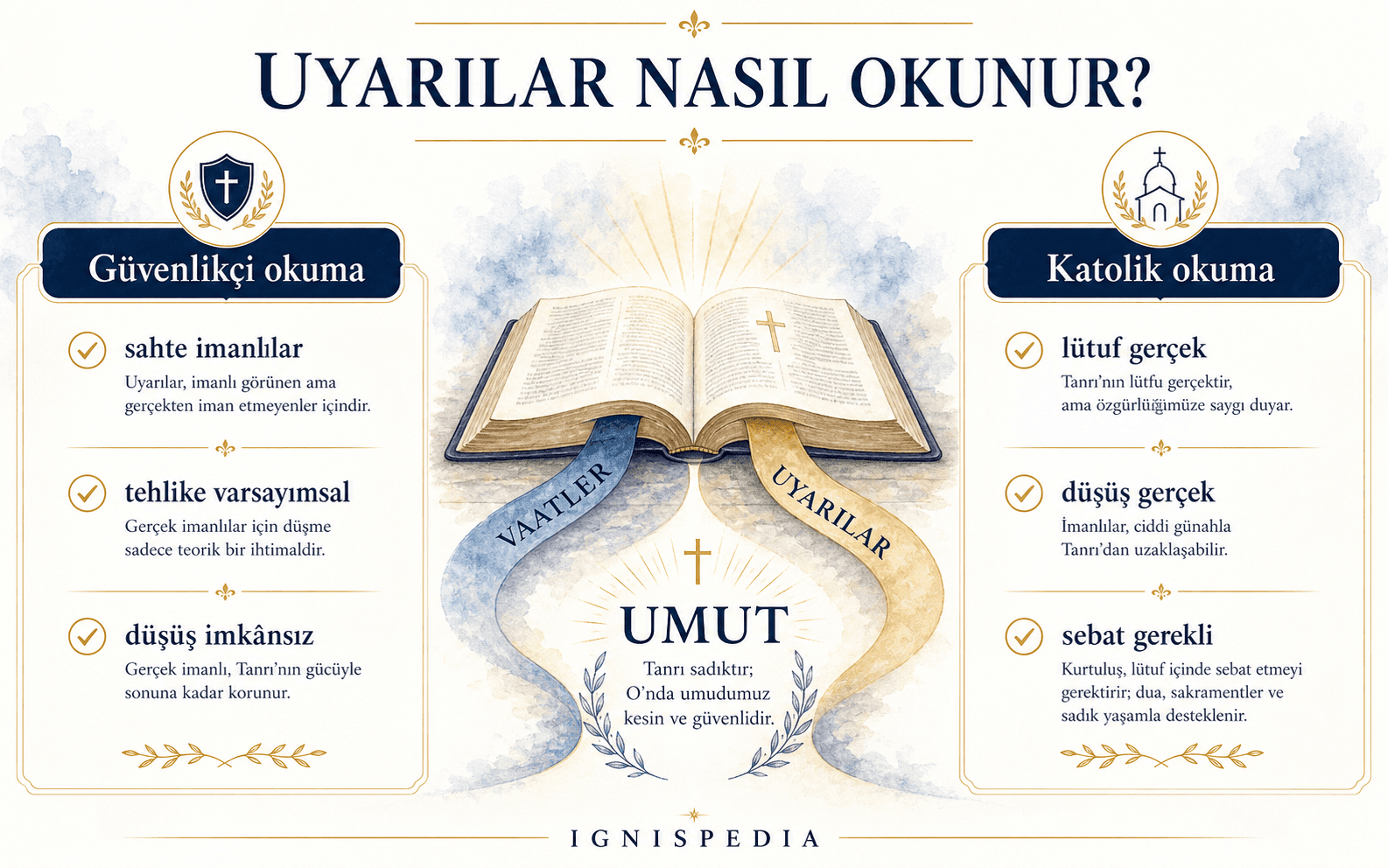 Ebedi güvenlik okuması ile Katolik uyarı okumasını karşılaştıran infografik