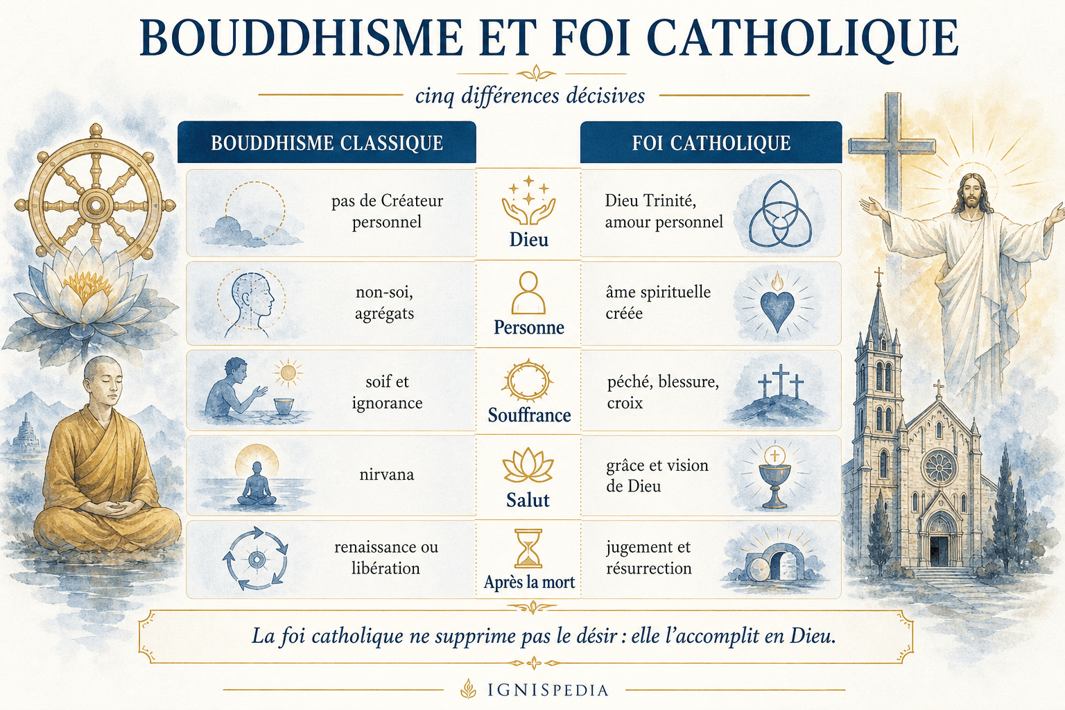 Infographie comparant le bouddhisme classique et la foi catholique