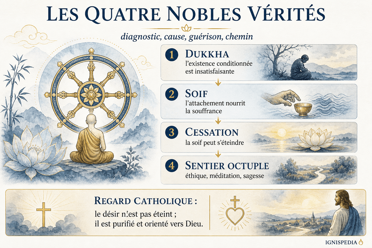 Infographie sur les quatre nobles vérités du bouddhisme et le regard catholique