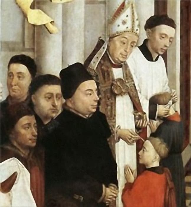 Diz çökmüş bir çocuğu konfirme eden piskopos, Rogier van der Weyden panosu