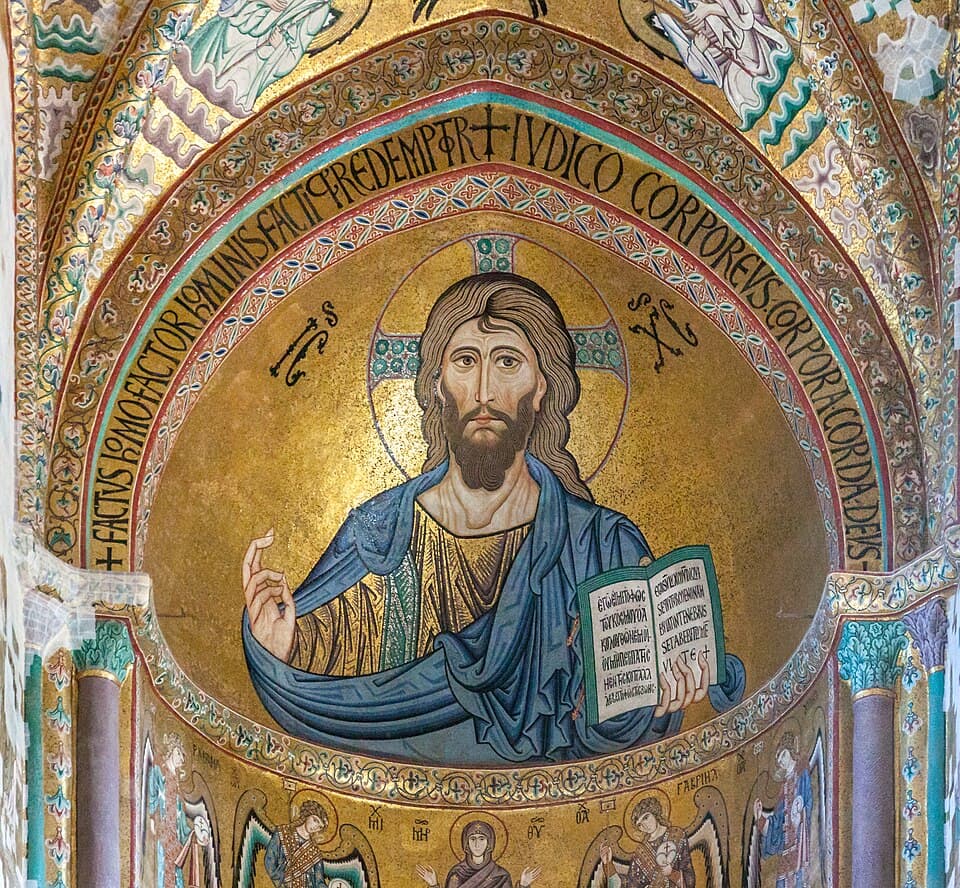 Pantokrator z absydy Cefalù trzymający otwartą Ewangelię