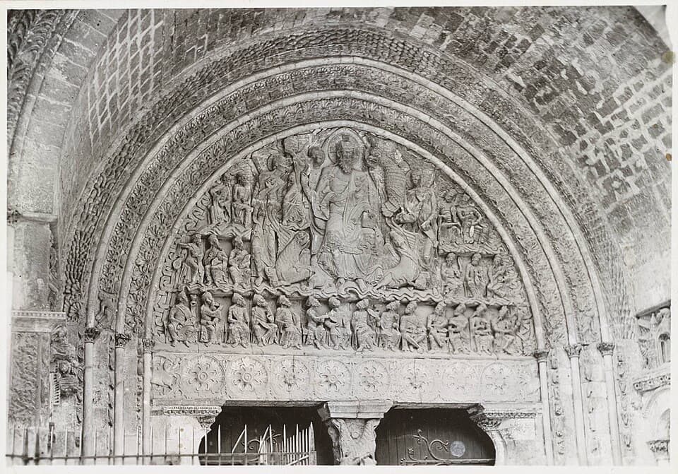 Dawna fotografia romańskiego tympanonu Moissac z Chrystusem w Majestacie