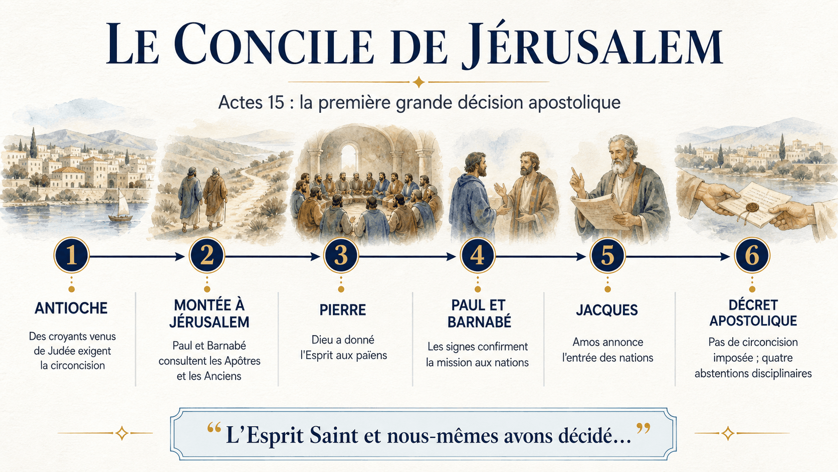 Infographie du concile de Jérusalem : Antioche, montée à Jérusalem, Pierre, Paul, Barnabé, Jacques et décret apostolique