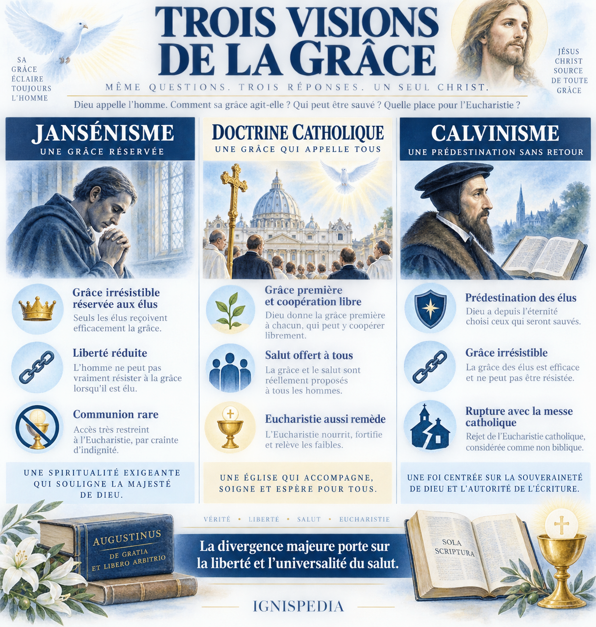 Comparaison du jansénisme, de la doctrine catholique et du calvinisme sur la grâce, la liberté et l'Eucharistie