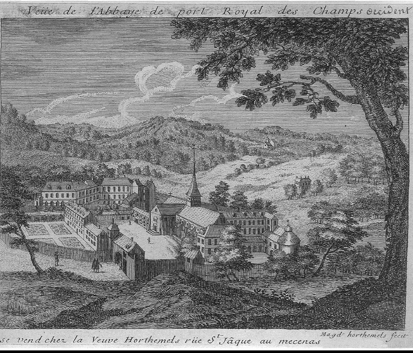 Gravure ancienne représentant l'abbaye de Port-Royal des Champs avant sa destruction, par Louise-Magdeleine Horthemels, domaine public