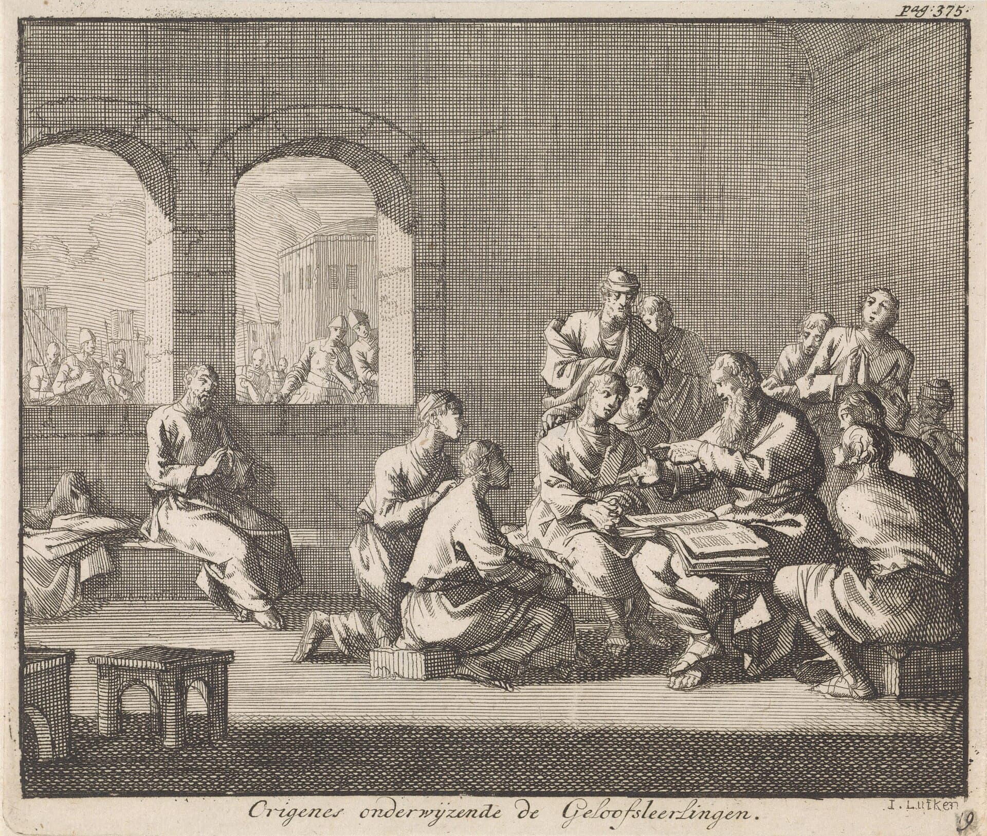 제자들을 가르치는 오리게네스, Jan Luyken 판화 (1700)